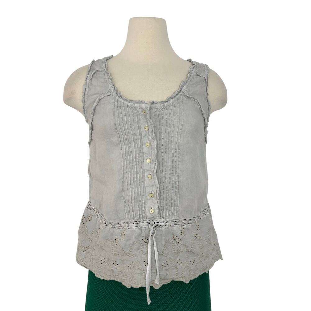 120% Lino Linen Embroidered Button-Down Tank Top Gray 42 (US 6)